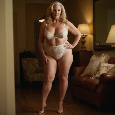 A 75-year-old woman with thick legs and full body, wearing sexy lingerie accentuated her mature look, standing out from the crowd. Her cellulite was barely noticeable, and she wore vintage white lingerie that showed off her curves