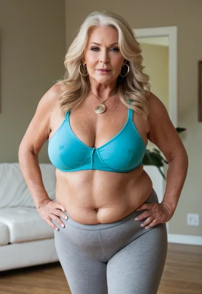 The elderly woman, with saggy tits and a thick legged body, ran on the treadmill at a steady pace, lost in thought as she ran through pictures on her phone