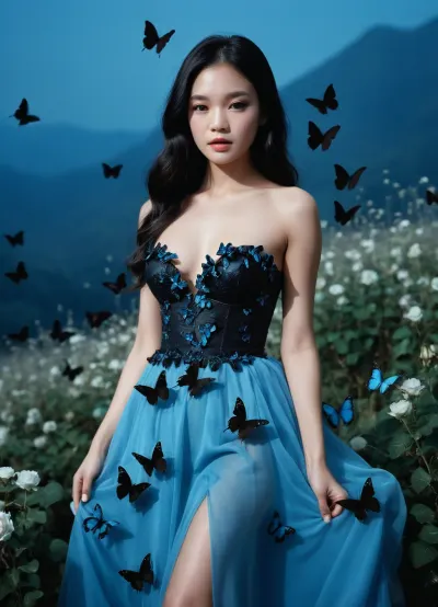 La fotografía ultradetallada y de alta calidad del modelo internacionalmente reconocido con ángulo de vista superior y vestido negro en una habitación oscura con mariposas brillantes de mariposa es una representación icónica de belleza e inocencia. La foto fue capturada por un maestro