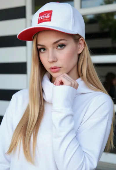 Una mujer de 24 años con ojos verdes llamativos y maquillaje elegante, con una gorra blanca de béisbol con un borde rojo, cuenta con un fondo moderno y urbano con grandes ventanas y un patrón rayado. El estado de ánimo general de la imagen es tendencia