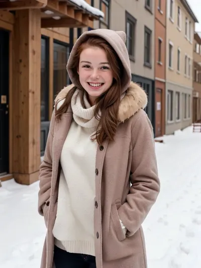 A young woman with fair skin and reddish-brown hair, wearing a thick, dark winter coat with a fur-lined hood, stands on a snowy European street. She is standing on the snow-covered street, surrounded by colorful, tall