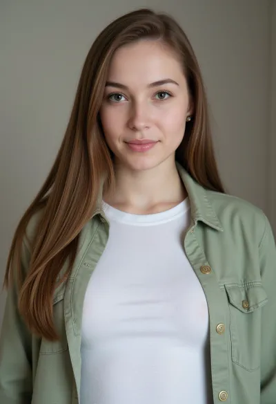 ポートレートの若い女性は、彼女の自然の美しさを強調するカジュアルな服を着ています。 彼女は長く、滑らかで、彼女の肩の上に自然に落ちる軽い茶色の髪があり、片側にわずかに分けました。 瞳は落ち着いて自信があり、微妙なヒントで