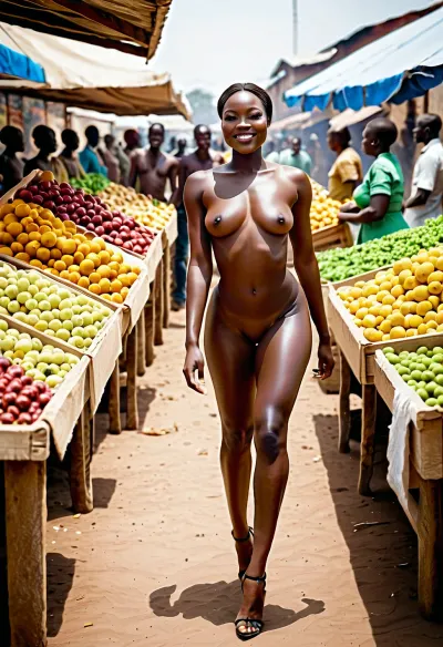 The African congolese dark skinned woman, dressed in stilettos and bustling slaver's market on a bright spring morning, captures the lively atmosphere and vibrant colors while preserving the authentic. Highlight her natural beauty with a prime lens set