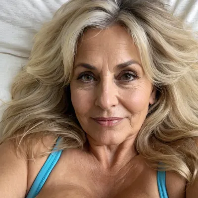 sexy mature, 65 years old, chubby, blonde, big black eyes, long messy hair, big nose, glamour, big lips, saggy tits, sexy looking eyes, sleep face, selfie picture, in the morning, horny, messy hair, smile face view, wide an long jaw, big face, big forehead