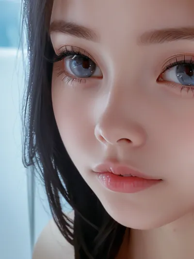 女性は、彼女の無垢な顔と濃厚な黒のまつげで、鼻の表情でバスルームに立っていた。 パーフェクトに細部までこだわった複雑なヘアスタイル。 彼女の青い目は、彼女に追加された厚い黒いまつげによってフレーム化されました