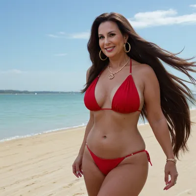 A 50-year-old woman with big hoop earrings and a necklace walks on the beach, wearing a red delta bikini and long hair. She approaches a man with big hoop earrings and a necklace standing nearby, they exchange numbers before