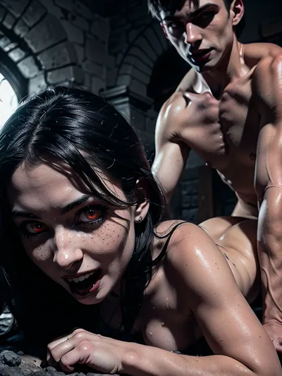 A vampire slut girl inside a crypt at night, 18 years old, black hair, gothic makeup, red lipstick, deep cleavage, medium breasts, tattoos on her arms and legs. She is lying down on a slab of stone with her