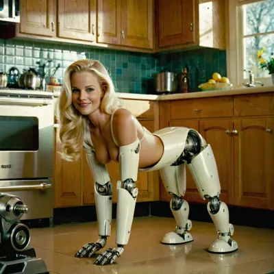 NikkiTylerQuiron, a robotic dog with a professional photograph of a blonde robotic head with a mechanical dog body standing on all fours in a suburban kitchen, smiling playfully