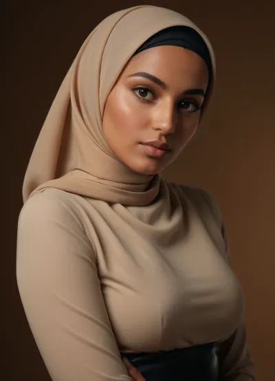 Una giovane donna algerina di Oran è catturata con tecnologia AI di fascia alta, la sua immagine ultra realistica rivelata attraverso l'uso di un hijab di pelle nera avvolto strettamente intorno alla sua testa, esponendo solo i contorni del suo volto e le curve del suo