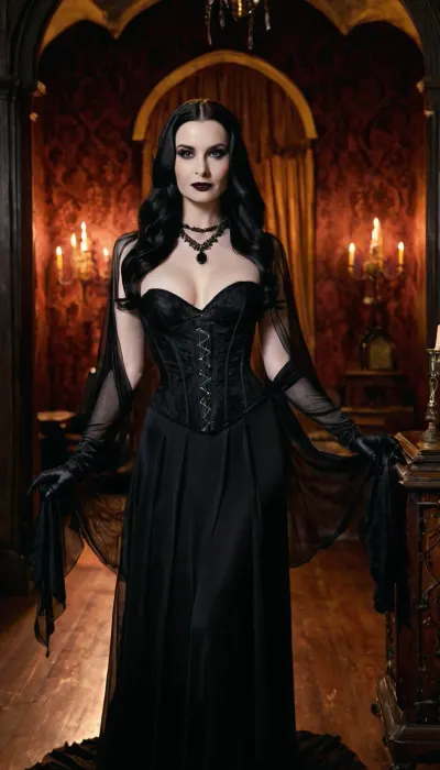 La chica alta, de 30 años de edad goth con pelo negro largo recto y piel pálida se puso delante de la cámara, usando un corsé apretado, guantes negros largos con paño negro fluyendo pegado, escote sumido, negro largo