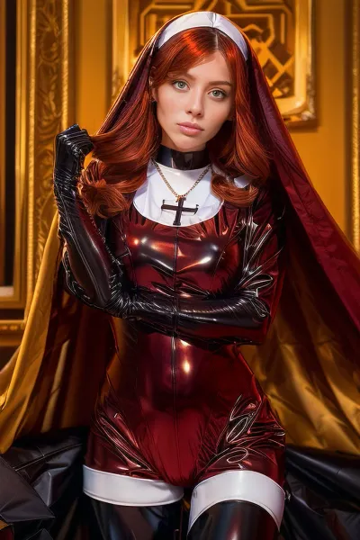 Rahibe, uzun dalga saç ve güzel kırmızı kafa ile, eğrilerini mükemmel bir şekilde kucaklayan latex bir vücutsuit giyiyordu. Parlak bir bot giyiyordu ve İncil'in sözlerini okuyordu. Onu bitirdiği gibi
