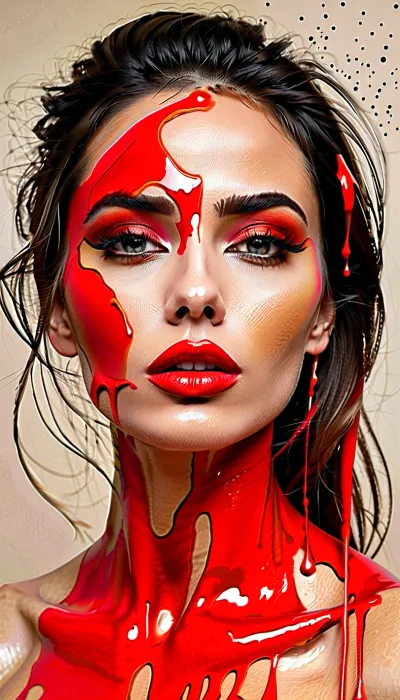 The woman's face is a masterpiece, meticulously detailed, and rendered in a minimalistic fashion using primarily black lines. Splatters of paint dot the image, evoking chaos or disarray. Her lips are painted in a vibrant red,
