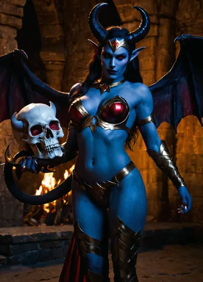 Karanlık bir zindanda, çıplak bir Draenei atcock kadın mavi deri succubusu kalın amat ve insan kafatasını tutuyor