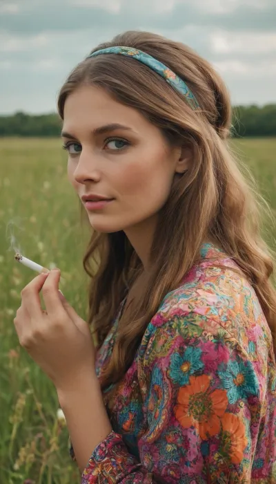 La mujer en la ropa vintage y fumar un cigarrillo es una mujer hippie de 1966, capturada en una foto clásica de los 60. Tiene cerraduras largas, mirada seductora, lápiz labial rosa brillante y ropa vibrante. Su pelo es de estilo