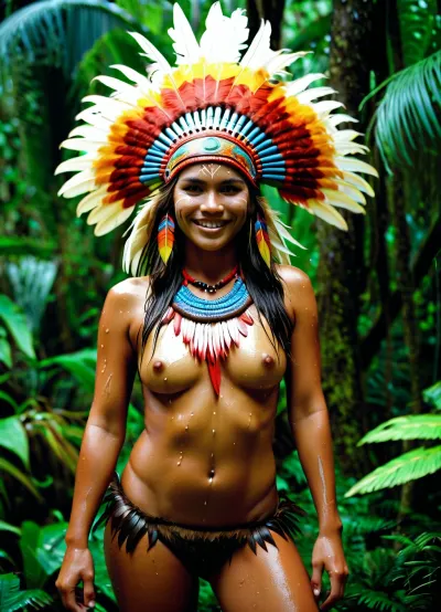 The indigenous Amazonian woman stood tall, her headdress adorned with feathers and her body painted in vibrant colors. She smiled as she relaxed, completely at ease in the jungle. Her hairy pussy was visible through the thin fabric of her