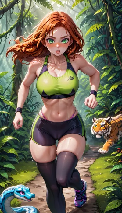The redhead girl jogged through the jungle, her sweat-soaked top clinging to her body. She was on a mission to find the elusive tiger, and she knew that the only way to do it was with technology. As she ran,