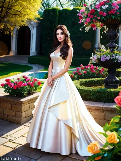 The stunning, graceful tatarian woman stands amidst a vibrant garden, exuding elegance and beauty. She wears a flowing, soft dress that gently sways in the warm, colorful atmosphere. Her face is strikingly beautiful, with a serene smile