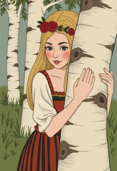 In einer Welt, in der KI und Technologie herrschen, steht ein schönes russisches Mädchen mit langen blonden Haaren und piercing blauen Augen hinter einem Birkenbaum. Sie trägt ein Vintage-Kleid aus gestreiftem Stoff, der ihren Körper vor den prying Augen versteckt