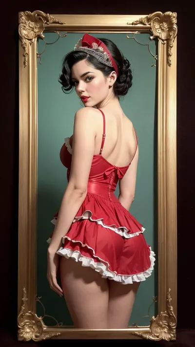 The vintage playing card featuring a tasteful, black hair pinup girl inspired by the classic Vargas style is captivating and thought-provoking, with soft red hearts around her figure