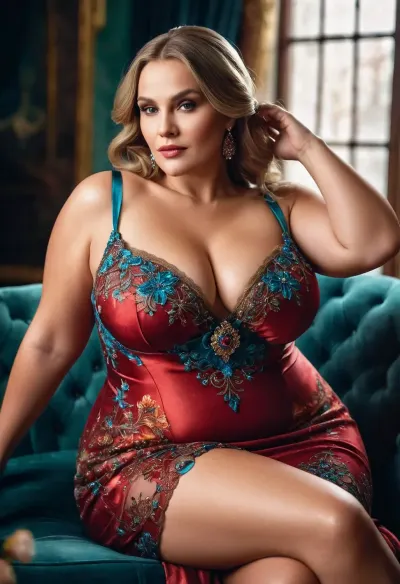 A stunning Russian beauty with a large oversized BBW gilf body poses seductively in front of the camera, wearing a stunning evening dress and capturing the attention of viewers with her bright colors and detailed watercolor glaze technique