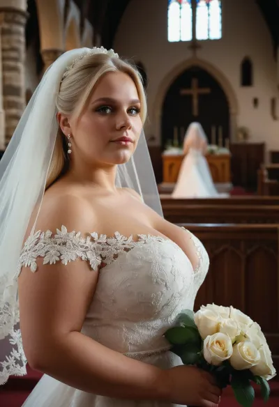 The Russian beauty with a midget husband stood in front of the church, wearing a white lace and transparent veil. Her oversized wide hips were accentuated by her large ass, which was showcased in her tight white dress. She wore a white