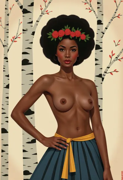 En un vestido de estilo vintage, la chica negra africana se esconde detrás de un abedul de estilo cubista