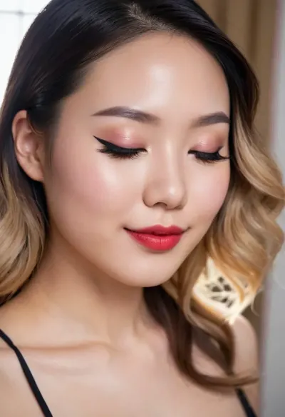 A stunning AI-generated picture of a 20-year-old Japanese woman with long hair, deep brown eyes, and a beautiful smile. She is wearing makeup with cat eye eyeliner and blush. Her breasts are out and she is smiling