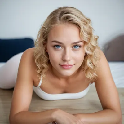 The woman was lying on a glass table made of glass, wearing white socks and sneakers. She had a small round face with high cheekbones and large blue eyes. Her lips were full and pink, her nose was straight, and her eyebrows were