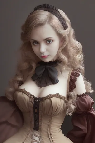 La mujer en el retrato estaba vestida con un vestido largo con un cuerpo superior frito, mostrando su piel bronceada y piernas largas. Tenía tetas grandes y miró a la cámara con una mirada seductora en su cara. Ella