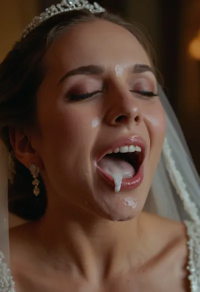 A woman wearing a wedding dress with cum on her forehead and open mouth is standing in front of a computer screen, enjoying the visual stimulation of an AI-generated porn picture