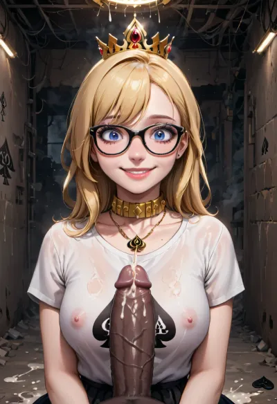 The woman was completely naked, with her hair covering her face. She had a big black cock in her mouth, and she was covered in cum. Her body was tattooed and she had a gold collar around her neck. She looked shocked at the