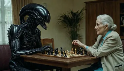 Xenomorph sat at a table in the nursing home, studying the old people's moves. It was carefully and thoughtfully observing them, waiting for the right moment to strike