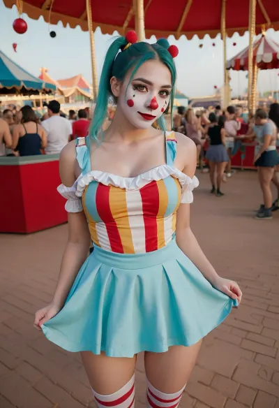 Молодая, красивая девушка, одетая в белую краску для лица и костюм клоуна, находится в центре внимания в кинематографическом стиле