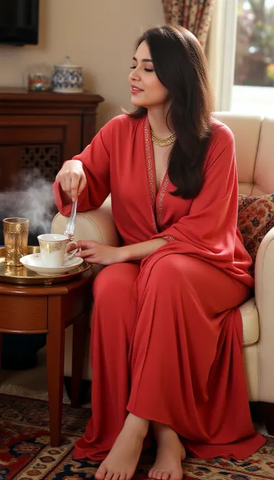 Os olhos da mulher fecham, e ela toma um gole de seu café