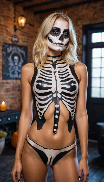 El traje de esqueleto sexy fue perfecto para la fiesta de Halloween, y el modelo de instagram rubio de 20 años con la construcción atlética y tetas perky lo llevaban con confianza, mostrando su cuerpo tonificado y la vista completa del cuerpo. Ella posó para fotos