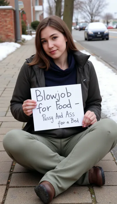 身着脏衣的女子坐在人行道上,手持手写牌子,上面写着"为食物,阴和屁股准备床". 她穿脏衣服 头发被绑在乱包里 她的脸被遮住了