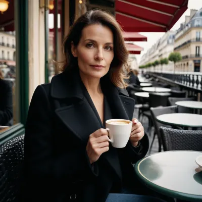 Una donna sorseggia caffè su una terrazza a Parigi, godendo la vista e contemplando i misteri della vita