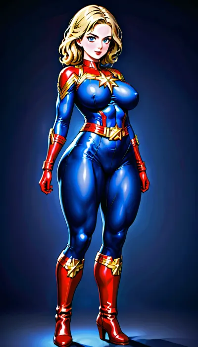 Captain Marvel, the superhero with big breasts, thick thighs, and a big ass, poses seductively for the camera in her full body view