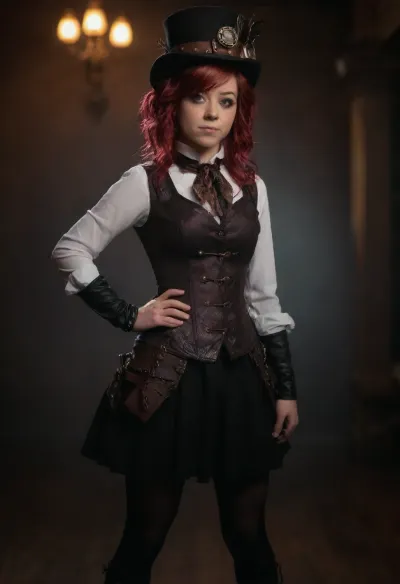 Lindsey Stirling is a sexy steampunk girl with full body view, playing the piano in a dimly lit room, showcasing her toned legs and best story description