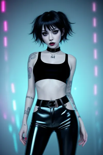 The girl in the picture is wearing a black choker, neon glow color hair, and a white background. She has full body blgStyle and is wearing black lipstick and mascara. Her eyes are yandere, and she's dancing