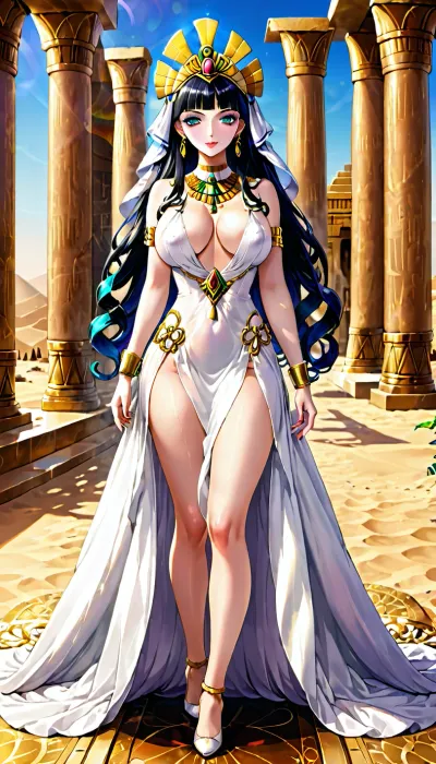 A stunning and breathtaking picture of Cleopatra, the Egyptian queen, standing in front of a majestic desert backdrop with pyramids in the background. She is wearing a white silk dress that flows gently in the warm breeze, showing her long legs