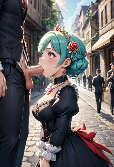 A ilustração digital mostra dois personagens de meninos sissy idênticos vestidos de estilo vitoriano ornamentado, ajustados contra um pano de fundo de uma rua de pedra de pedra exterior alinhado com lanternas clássicas emitindo um brilho quente. O personagem esquerdo usa um vestido preto