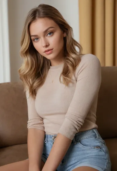 A young woman with long, slightly wavy light brown hair and deep blue eyes is sitting in a relaxed pose, her hand gently touching her hair. She's wearing a slightly oversized black denim zip-up jacket, a light denim zip