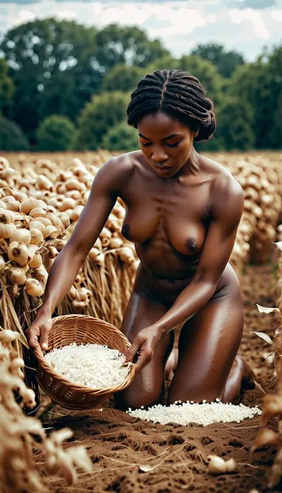 Una giovane schiava nera, vestita in nulla, ma in un telo, piegata e raccolta di cotone in una fattoria