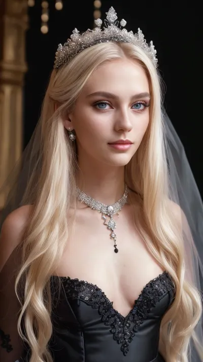 ((((black weddingdress)))), (no nude), party, (lay on the wedding bed), (much jewelry), (((super long hair))), (perfect face), (with a crown), perfect lips, ((top model)), (blue eyes), indoor, smile, white skin, girl, mesmerizing look, beautiful tall girl, ((ash blonde)), blue eyes, skinny, advanced digital photography, 20 years old, skinny girl, delicate facial features, best quality, super detail, masterpiece, details, (((high resolution))), <lora:curly_hair_slider_v1:.5>, <lora:age_slider_v20:.5>, <lora:ahx_v1:.5>