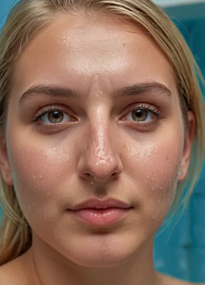 학생은 샤워에 있었다, 완전히 벗겨. 그녀는 운동을 완료하고 뜨겁고 땀을 느끼고 있었다. 그녀는 물에 돌리고 그녀의 몸을 통해 실행, 그녀의 근육을 통해 열 확산 느낌. 그녀 washed 그녀 자신,