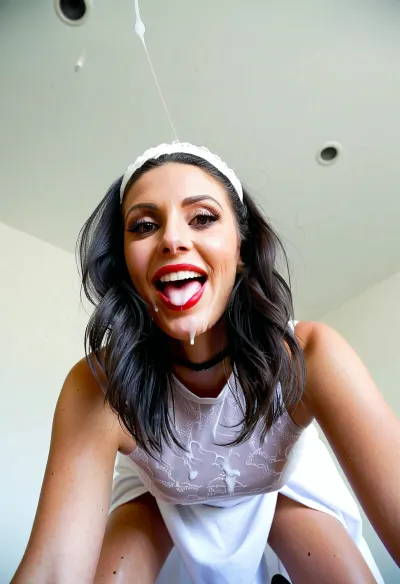 The 40-year-old woman posed for a wedding photo with her makeup on her face and perfect hair, wearing a wedding dress and mini dress. She leaned forward to kiss the viewer's lips while reaching forward to touch his chest. Her red lips