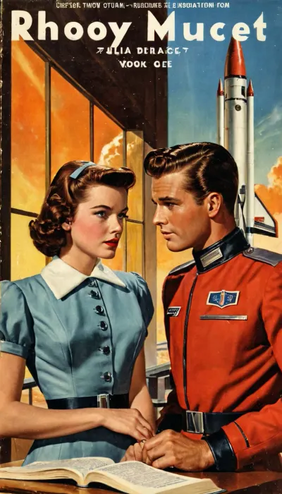 The vintage science fiction book cover shows a young man and a young woman in sleek retrofuturistic uniforms speaking lightly to each other. They are in all of the book, with the woman from over the mans shoulder. They are in all of the book