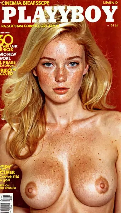 A vintage image of a 20 year old woman, skinny, ((breasts)), blonde hair, ((magazine)), ((freckles)), ((high quality)), pale skin, ((cute tall face)), seductive look, ((playboy cover)), playboy, magazine, cover, <lora:playboy_cover_SDXL_v1:.5>