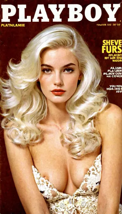 A vintage image of a 18-year-old girl, skinny, platinum white wave hair, ((magazine)), ((high quality)), pale skin, ((cute tall face)), seductive look, ((playboy cover)), playboy, magazine, cover, <lora:playboy_cover_SDXL_v1:.5>